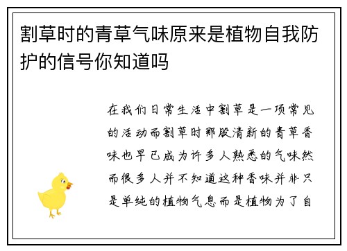 割草时的青草气味原来是植物自我防护的信号你知道吗 割草时的青草气味原来是植物自我防护的信号你知道吗